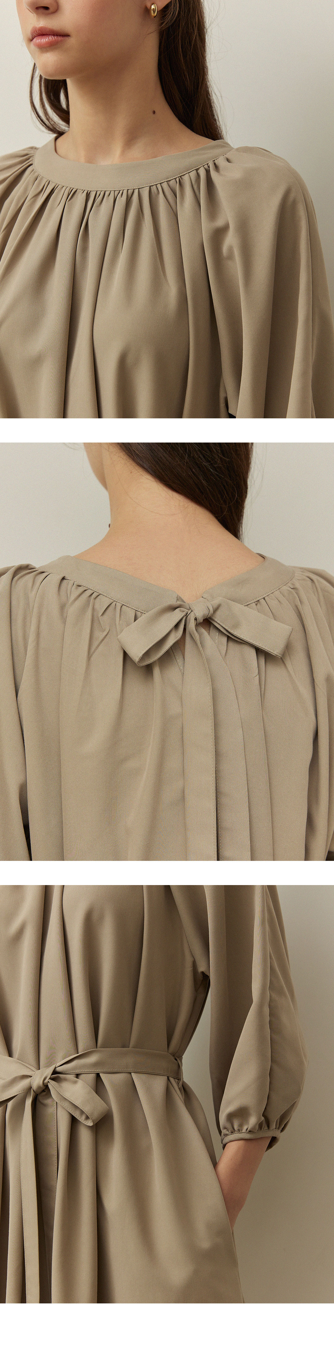 ★ADAUL★ Soft shirring two ribbon long dress khakibeige ADAUL] Soft shirring two ribbon long dress - khakibeige